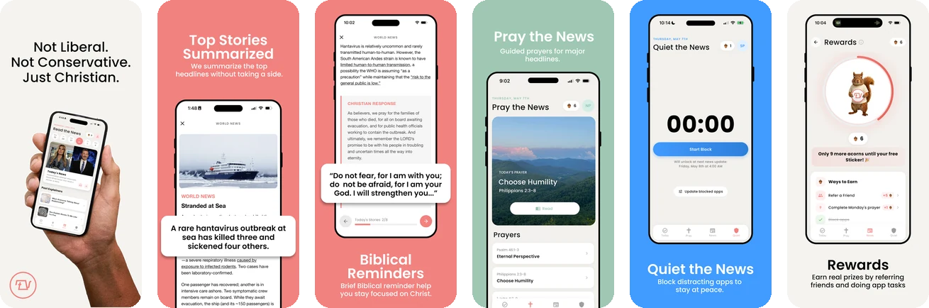 Screens from The Pour Over app: the news, biblical reminders, prayer, focus mode, and rewards